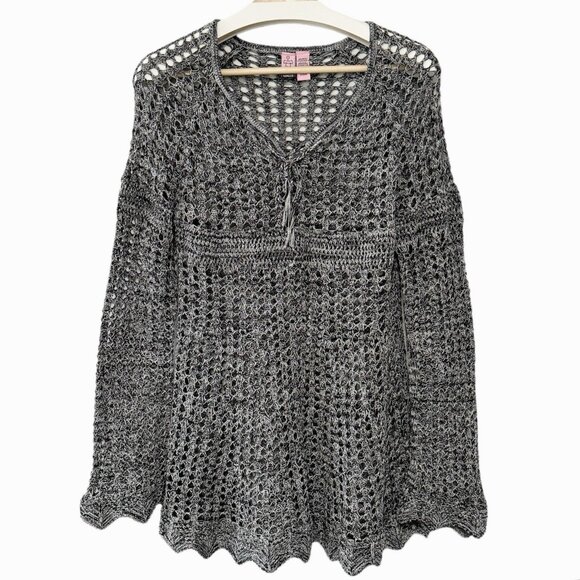 Love On A Hanger Gray Open Knit Eyelet Top Long Sleeve See Through Coverup Tunic - Picture 1 of 10